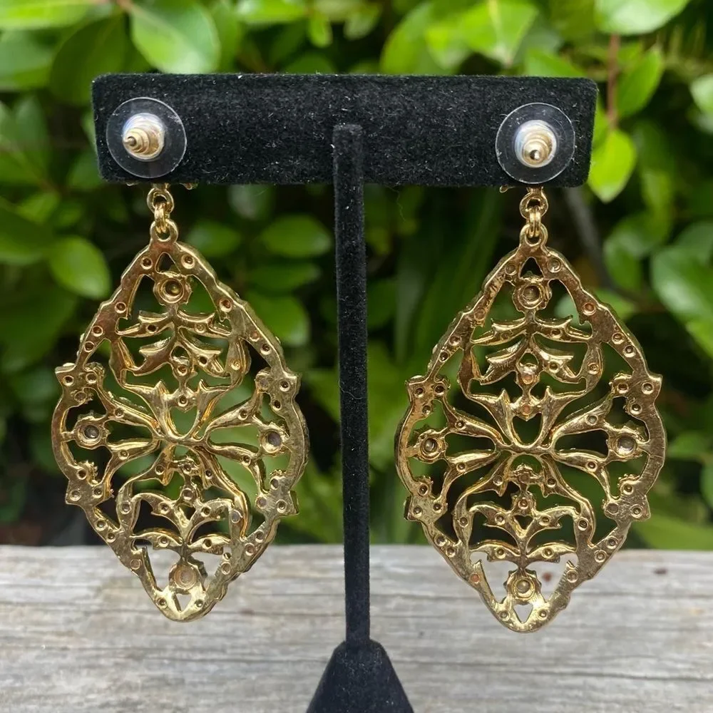 Gold & Blue Sparkly Rhinestone Dangle Statement Post Earrings Date Night Party